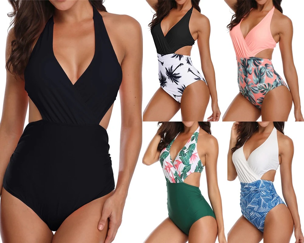 

TONY Women Swimwear One Piece Swimsuit V-Neck Cut Out Halter Swimming Costume Beach Bathing Suits