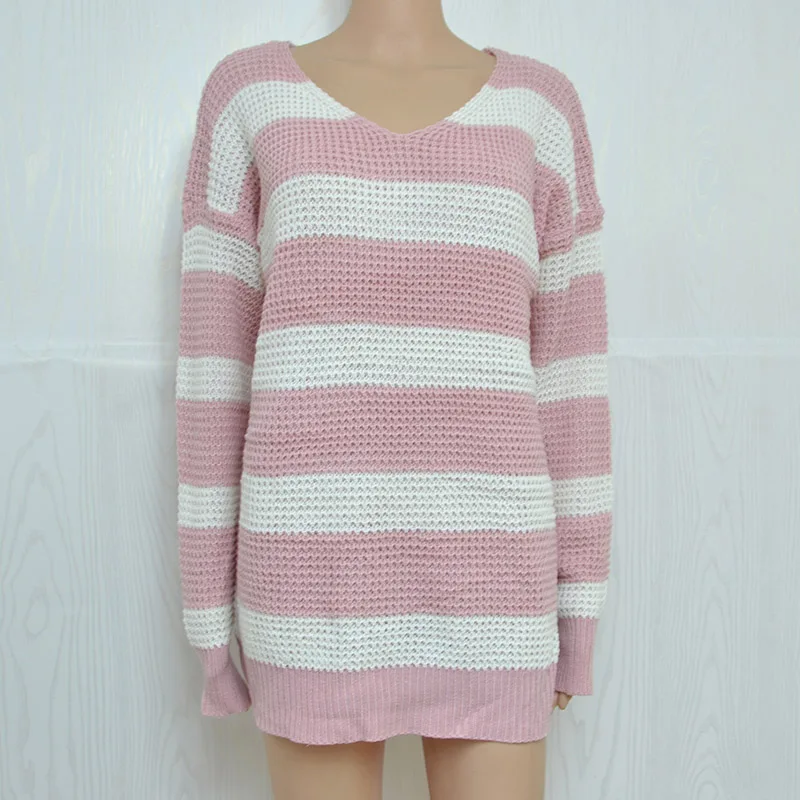 Fitshinling, зимний модный полосатый розовый свитер, женский длинный джемпер, Вязанная одежда, pull femme, v-образный вырез, милые женские свитера и пуловеры