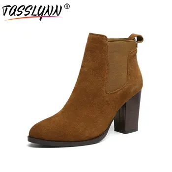 

TASSLYNN 2018 Women Ankle Boots Casual Cow Suede Square High Heels Winter Woman Shoes Autumn Fashion Round Toe Women Boots 34-39