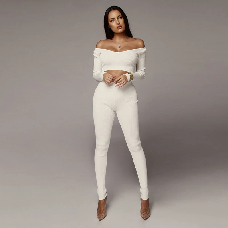 Knitted Suit Two Pieces Set Women Tracksuit Off Shoulder Long Sleeve
