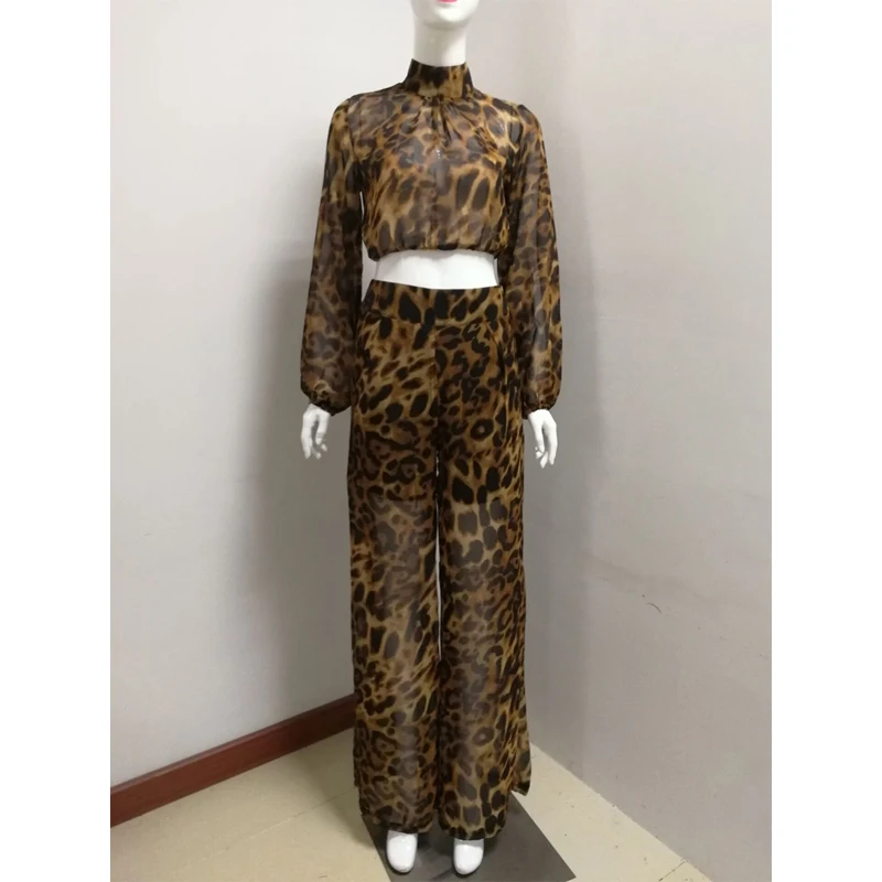New Fashion Hot Selling Leopard 2 Piece Set Crop Top Casual Jumpsuit Outfit Apparel Women Party Club Date Clothing Wholesale