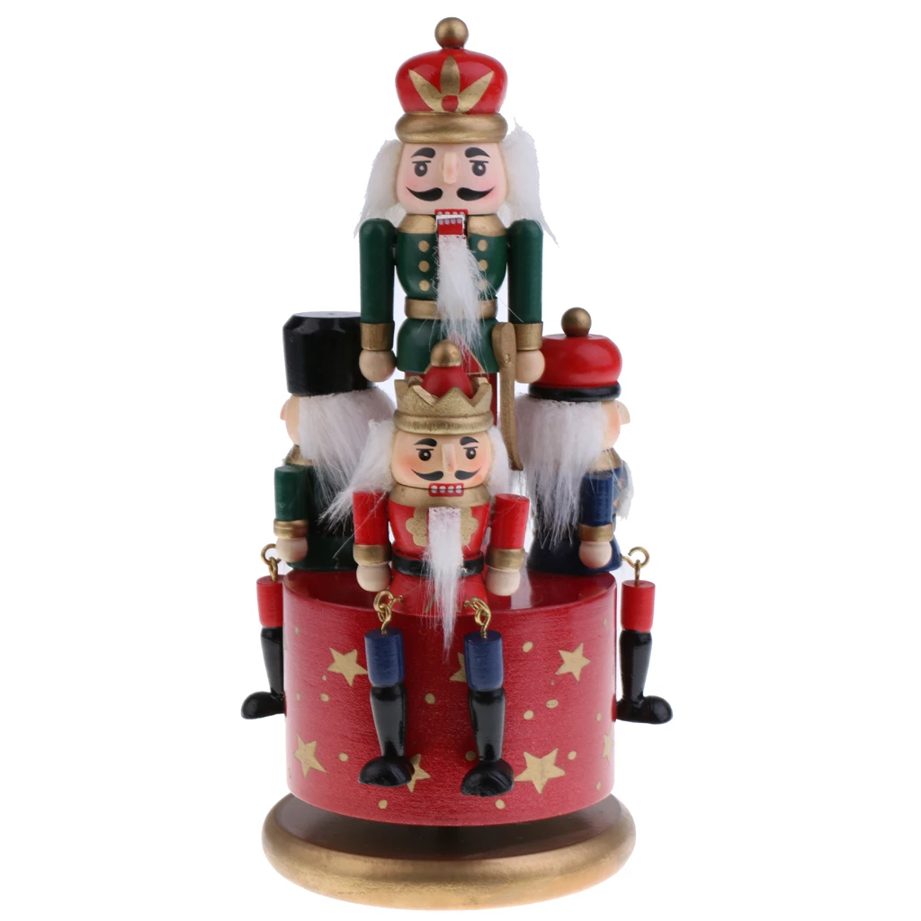  Handmade Wooden Nutcracker Music Box w/ 4 Soldiers on Base for Home Ornament Table Decorations Christmas Decor Display Gift Toy