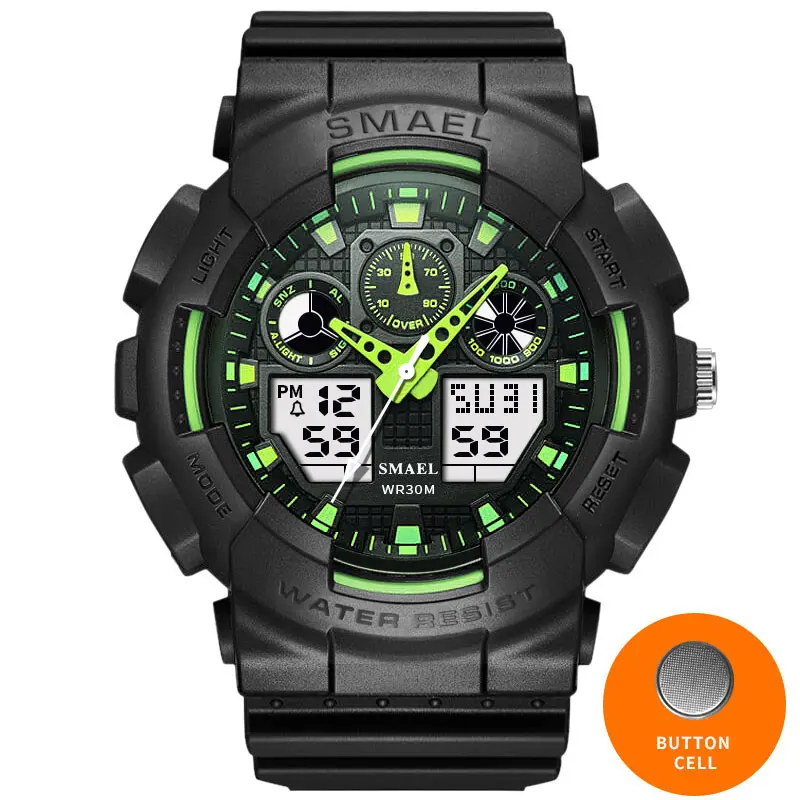 SMAEL, брендовые цифровые часы, светильник S Shock, мужские часы, водонепроницаемые, 50 м, светодиодный, синие, мужские часы, спортивные, 1027, relogio masculino - Цвет: Green
