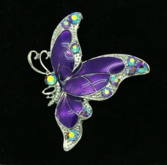 

2 Inch Rhodlium Silver Tone Purple Enamel Butterfly Brooch with Crystals