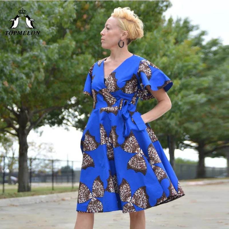 TOPMELON элегантная женская одежда синий короткий рукав платье для Для женщин Африка Костюмы с v-образным вырезом и принтом тонкая талия платья