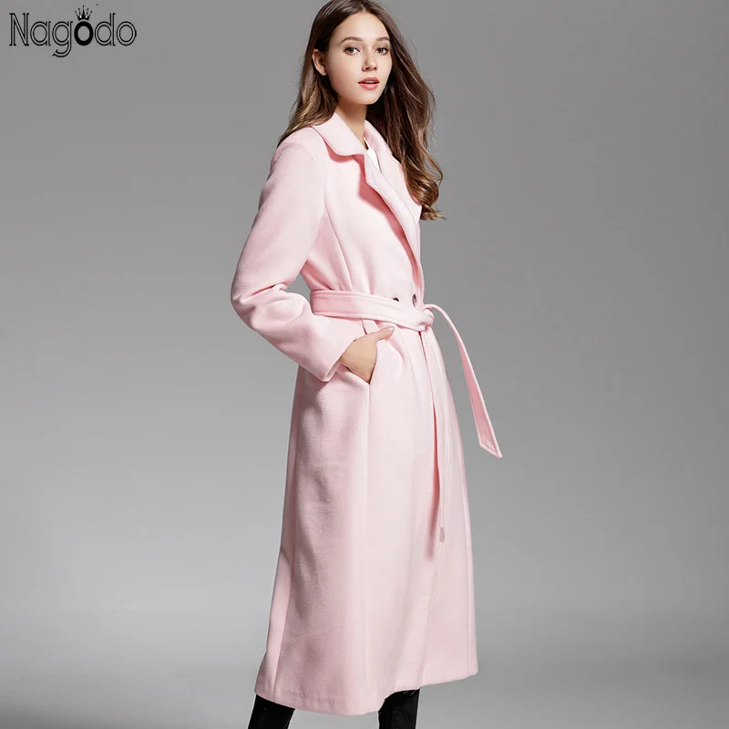 

2019 Autumn Winter Pink Coat Women High Quality Double sided Pocket Slim Cashmere Overcoat with belt Ladies Long Wool Coat