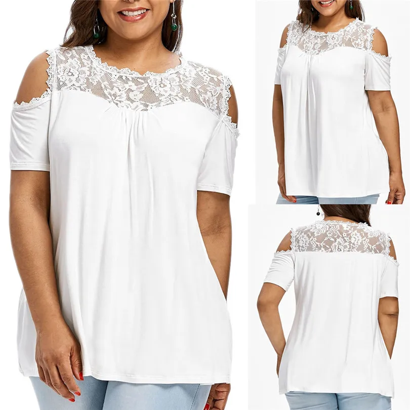 Plus Size New Fashion Women Winter Ladies Casual Daily  Cold Shoulder Strapless Lace Short Sleeve T-shirt Tops  #4F05 (1)
