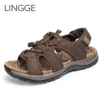 

Lingge Genuine Leather Sandals Summer Men Shoes Large Size Men'S Sandals Rubber Sole Men Shoes Beach Big Size Slippers