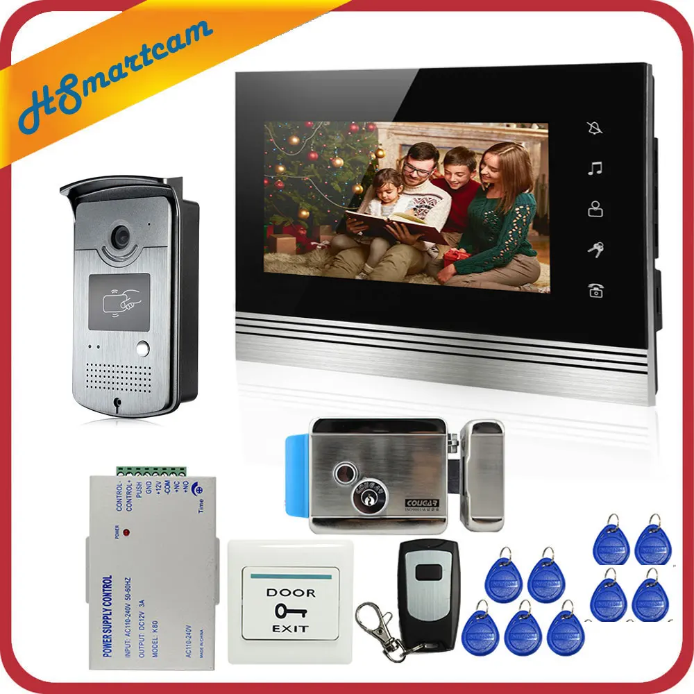7 inch Video Door Phone Video Intercom System 1 Touch Monitor+RFID Doorbell LED HD Camera Electric Lock In Stock FREE SHIPPING