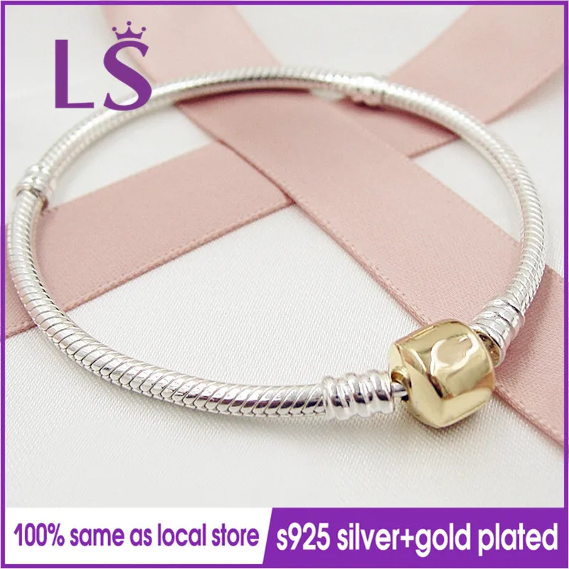

LSLuxury 100% 925 Sterling Silver&14.K G.old Plated Barrel Clasp Bracelets for Women Fine Jewelry Fit Original Beads Charm W