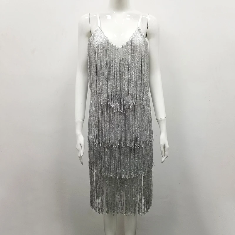 Элегантное серебряное облегающее Бандажное платье с кисточками для женщин Vestidos спагетти Strao Midi с v-образным вырезом, вечерние платья знаменитостей