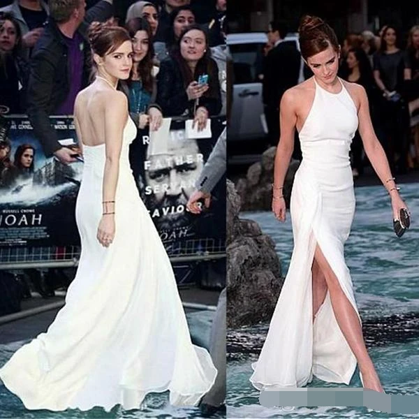 

Elegant Halter Neck Backless White Chiffon Side-split Floor-Length Evening Dress 2019 robe de soiree sexy backless Prom dresses