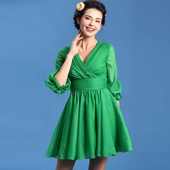 

Europe and America summer Green Lantern Sleeve Chiffon Korean version v-neck High waist a-line lady dress Vintage Hepburn