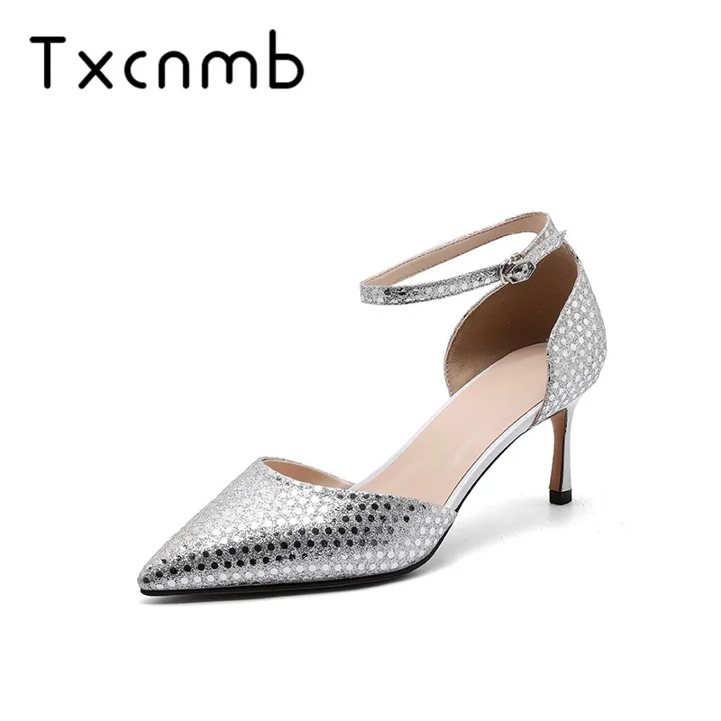 

TXCNMB Shoes Woman 2019 Wedding High Heels Sandals Women Pointed Toe Genuine Leather Sandals Shoes Woman Black