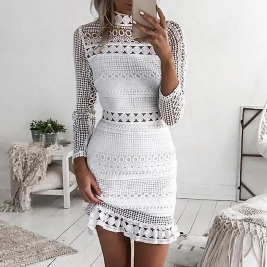 

hollow out mini lace dress Long Sleeve Summer transparent Sundress O Neck Women Sexy Mini Party Dresses With Zipper strand