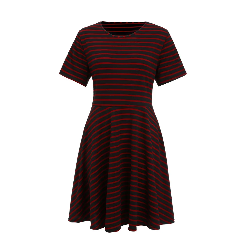 Страуса женское летнее платье sommerkleid размера плюс o-образным вырезом с коротким рукавом в полоску с открытыми плечами модное мини-платье для женщин - Цвет: Red