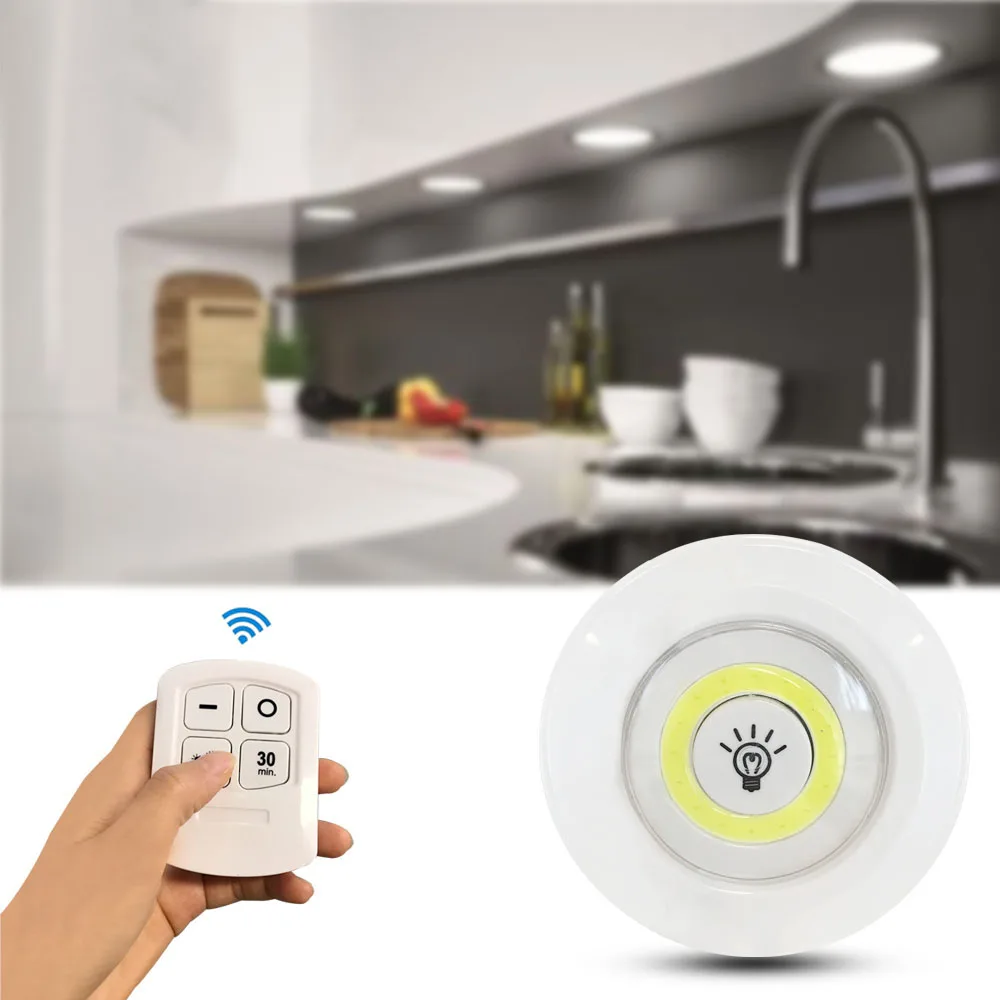 Мини-cob LED свет 3 лампы с пультом дистанционного управления с батарейным питанием для шкаф, Ванная комната, коридор