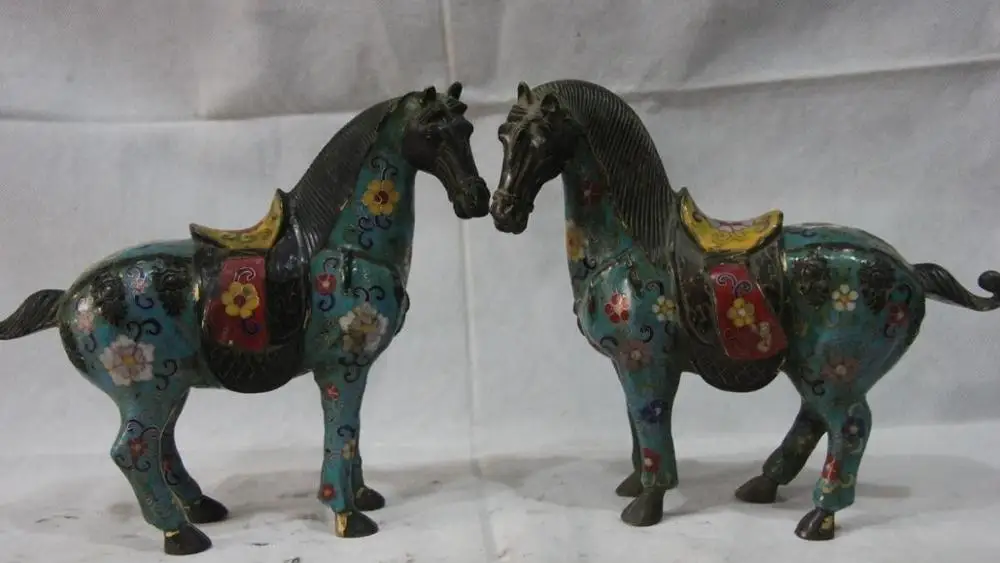 

9" China Pure Bronze Wire Inlay Cloisonne Enamel Flower Lucky Horse Statue Pair