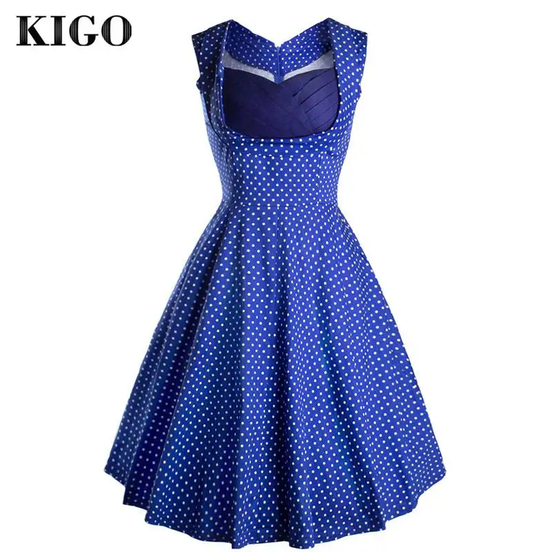 KIGO Summer Women Blue Polka Dot Rockabilly Dress Retro Vintage