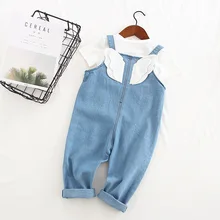Детский джинсовый комбинезон симпатичный дизайн крыла для маленьких мальчиков девушки карманные джинсы детский нагрудник брюки Комбинезоны Детские летние одежды От 1 до 6 лет