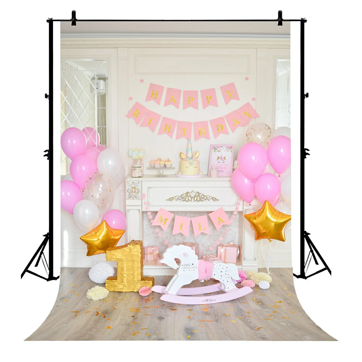 

5x7ft Birthday Ribbon Balloons Hobbyhorse Stars Cakes Wood Polyester Photo Background Portrait Backdrop