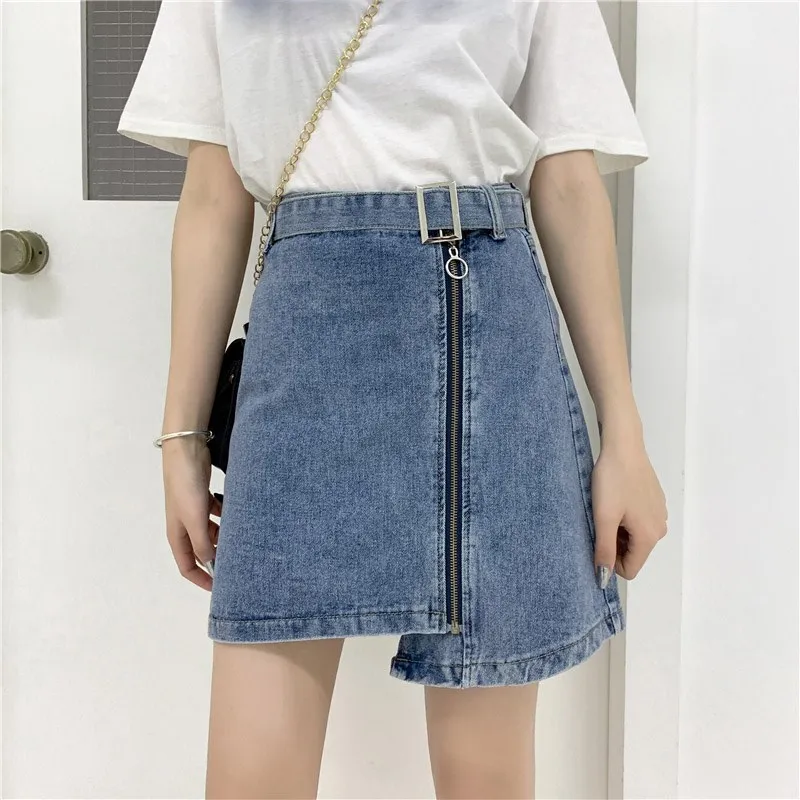 

2019 Fashion Women Zipper Summer Skirt Solid Belt High Waist Mini Skirt Korean Irregular Cowboy Denim Skirt