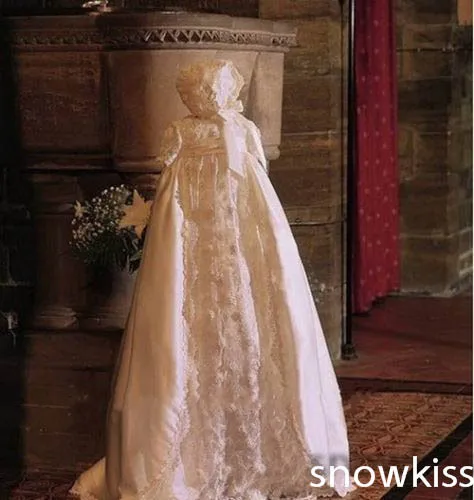 

Charming Christening Gown Baby Dresses Newborn Outfit White/Ivory Custom Made Silk Satin Lace Baptism Robe With Bonnet