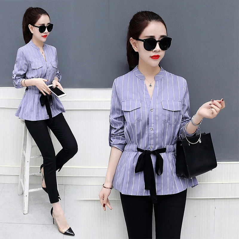 

Striped shirt female long-sleeved spring and autumn new Korean fashion Hong Kong-style shirt waist slim Slim shirt tide