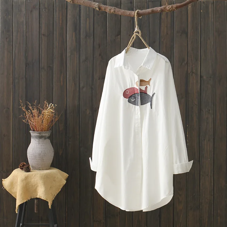 

KYQIAO womens tops and blouses blusas mujer de moda 2019 plus size women white shirt female loose fish pattern cotton blouse