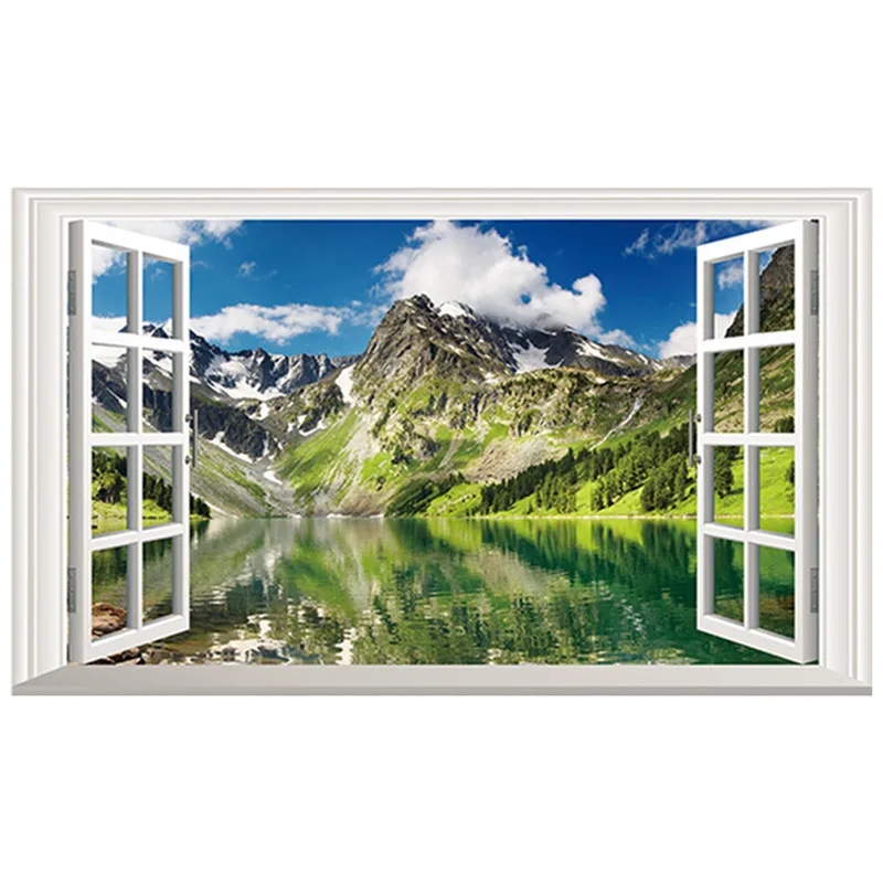 120*70cm landscape mural Snowy Mountains Clear Water 3d fake window