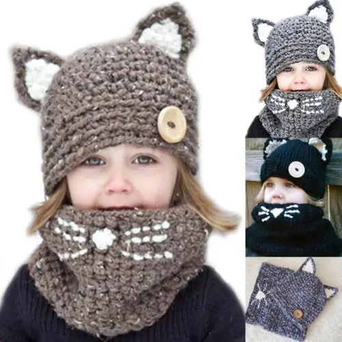 Newborn Baby Girls Cat Ears Knitting Headgear Warm Ear Guard Kid Hat Cap Bandage