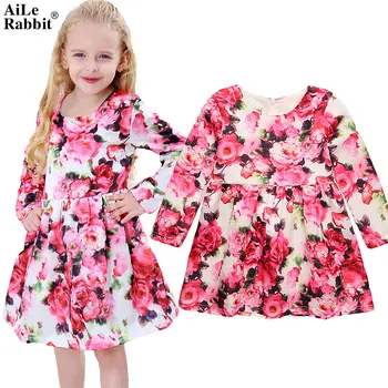 

AiLe Rabbit Autumn New Arrivals Girl Princess Dress Long Sleeve Rose Flower Fashion Dress Kids Cotton Brand High Quality k1