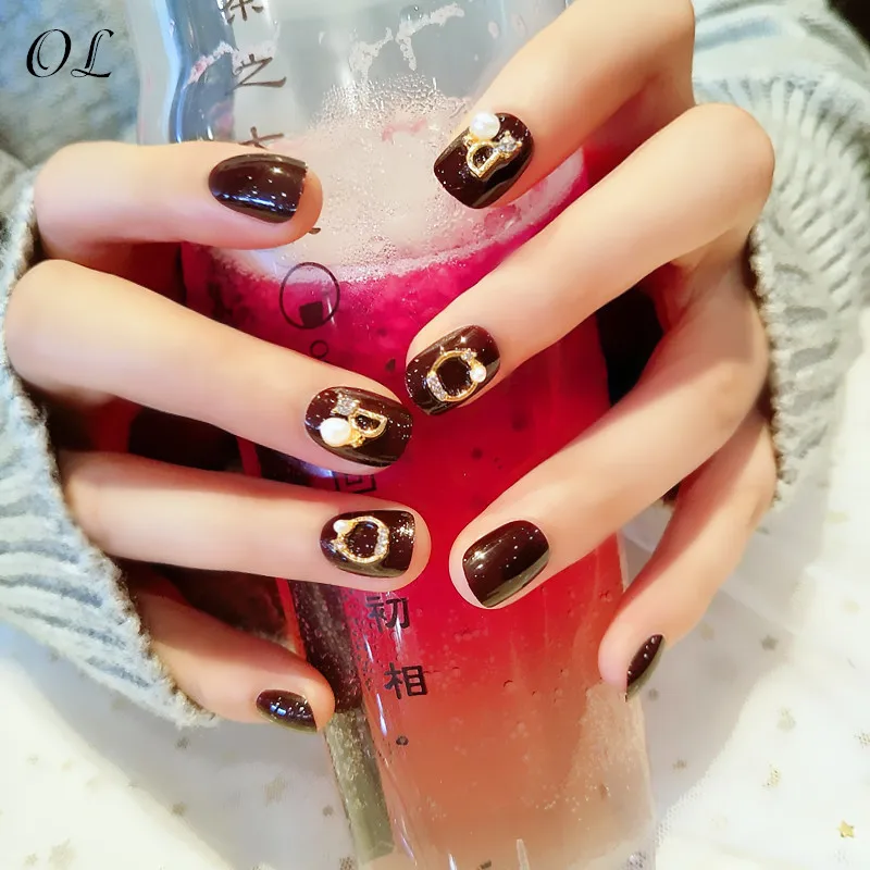 

False Nails Short Oval Sharp Solid Dark Brown Fake Nails Stiletto Brownish-black Pointed Pure Color UV Gel Almond Wear Full Tip!