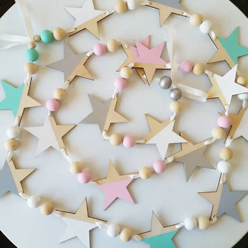 

Girl Baby Room Wall Hanging Decorations Nordic Style Wooden Beads Stars Hanging Banners Children's Room Fashion Soft Furnishings