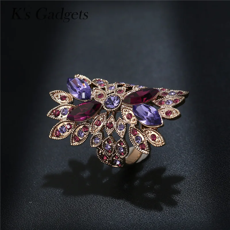 

Long Titanium Gold Rings Luxury Big Green/Purple/Blue Austrian Crystal Rhinestone Women Ring Wedding Jewelry Anello Donna