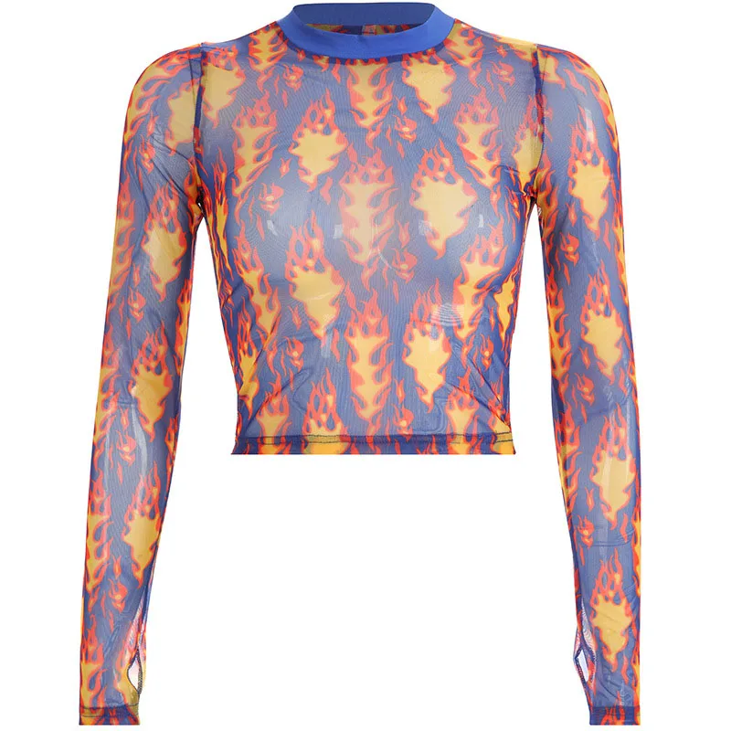 عارضة الصيف شاش شفاف أعلى t قميص ضئيلة المحاصيل قمم تيز لهب طباعة مثير تي شيرت ل ملابس حريمي 2019 قصيرة المحملة