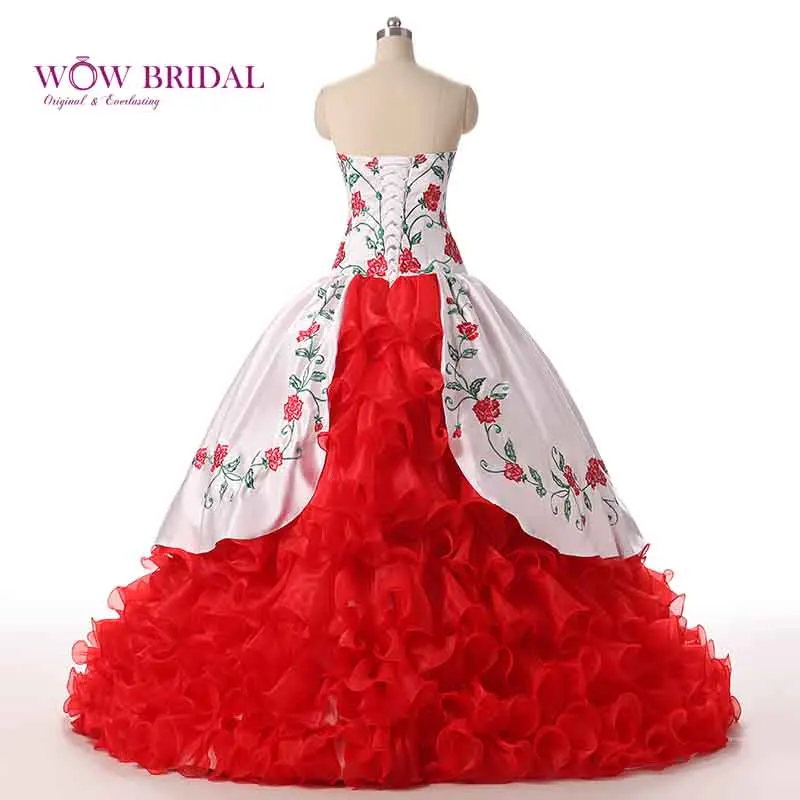Wowbridal роскошный белый красный Вышивка Quinceanera платье бальное платье оборками из органзы Слои сладкий 16 платье Vestido De 15