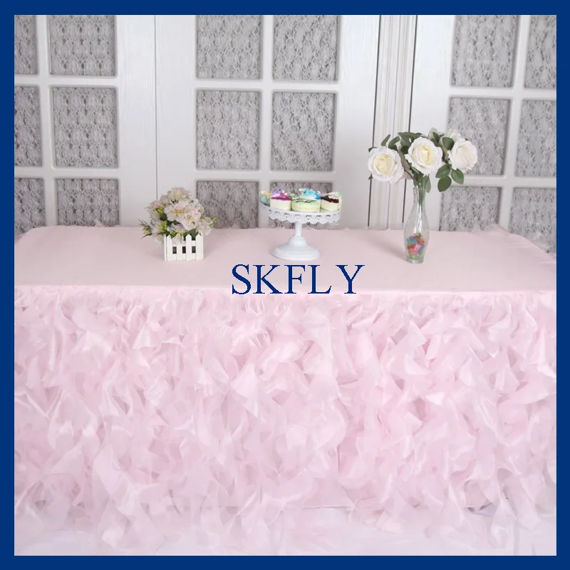 

CL010G wedding cheap 2018 birthday party elegant 6ft rectangle light pink organza curly willow table cloth with top