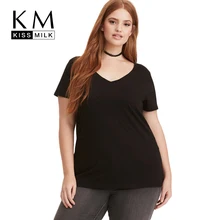 Kissmilk Plus Size 2018 Women Casual Black T-Shirt Large Size Female V-Neck Loose T-Shirt Over Size Appliques Short Sleeve Tops Kissmilk Plus Size 2018 Women Casual Black T-Shirt Large Size Female V-Neck Loose T-Shirt Over Size Appliques Short Sleeve Tops