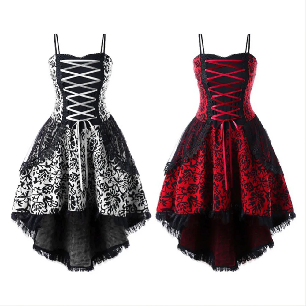 

Renaissance Gothic Red Black Sleeveless Dark Queen Dress Ball Gown Steampunk Vampire Halloween Costume