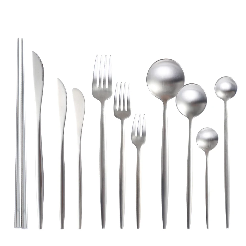 

Matte silver Cutlery Set Stainless Steel Flatware Set Spoon Fork Knife Chopsticks Kitchen Silverware Steak Tableware Dinnerware