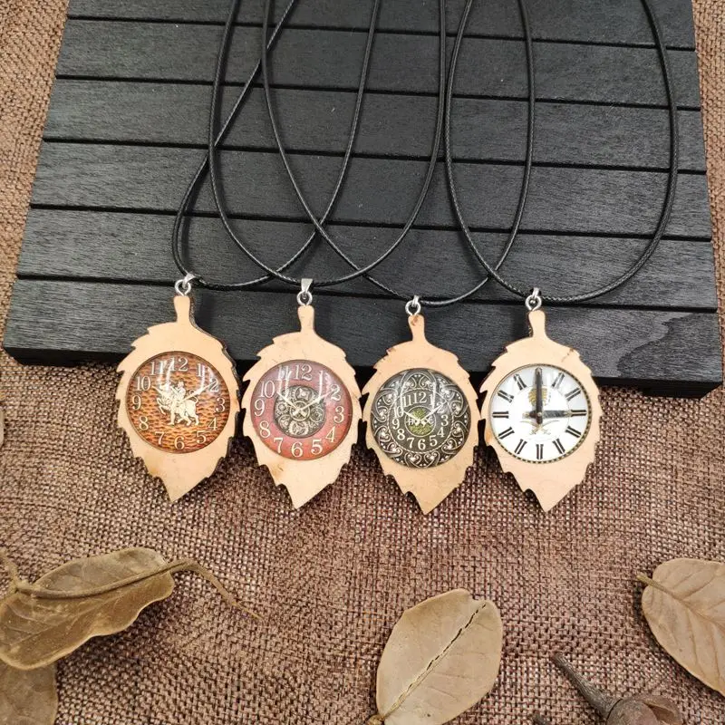 Retro Necklace Wood Wooden Leaf Pendant Rope National Flag Time Gem Clock Watch Antique Classic Men Women Gift AB007-010 | Украшения и