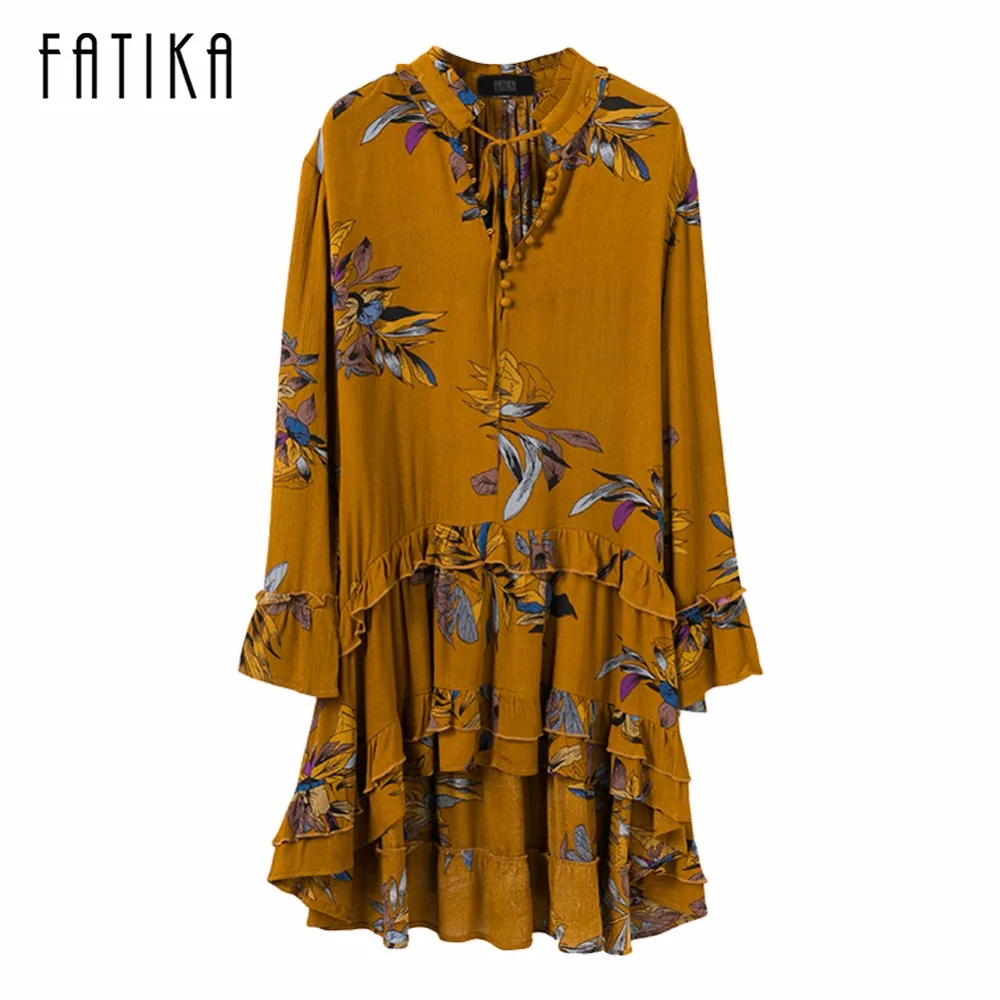 

FATIKA 2017 Autumn Women Fashion Floral Printed Ruffles Mini Dress Ladies Stand Collar Casual Lace Up Long Sleeve Loose Dresses