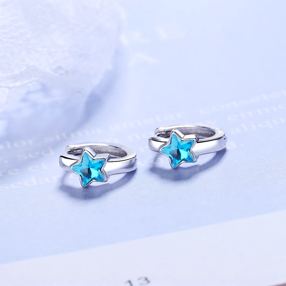 Милые синие хрустальные звезды 925 серебряные Круги маленькие петли Huggie серьги-кольца для женщин ювелирные изделия для девочек Aros Aretes