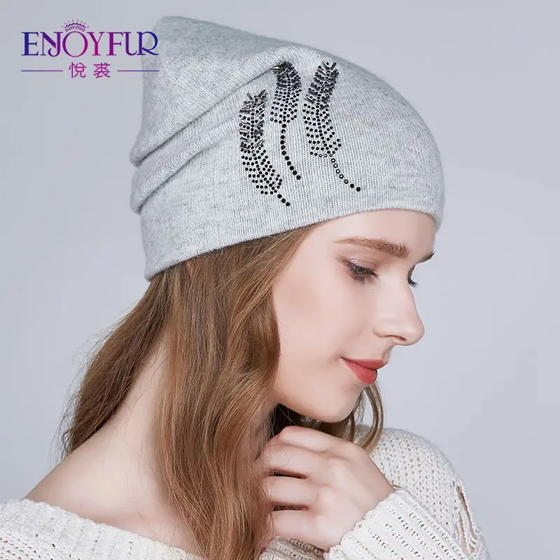 ENJOYFUR зимние шапки для женщин, Толстая теплая подкладка, стразы, шапочки, шапка, женские брендовые шапки из ангорской шерсти для женщин - Цвет: 08