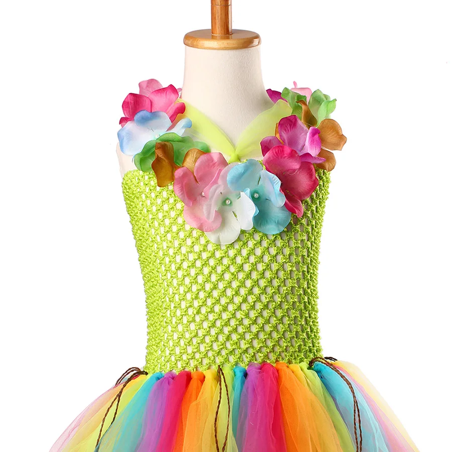 Girls Hawaiian Grass Hula Tutu Dress with Flower Garland Necklace Kids (15)