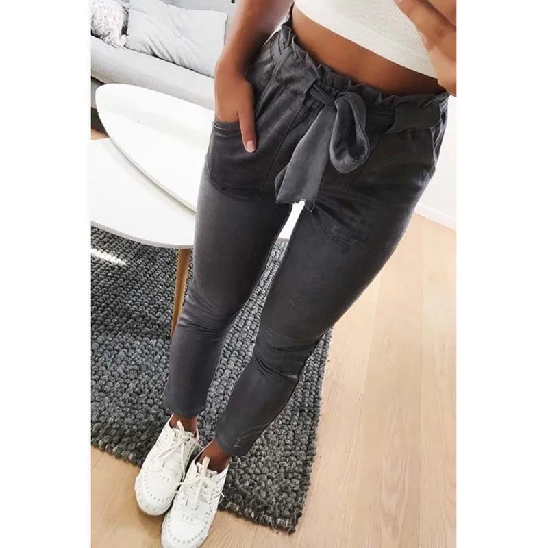 

Women Slim Pencil Pants Mid Waist Pants Summer Bow Sashes Sweatpants Bandages Elastic Long Female Trousers Autumn New