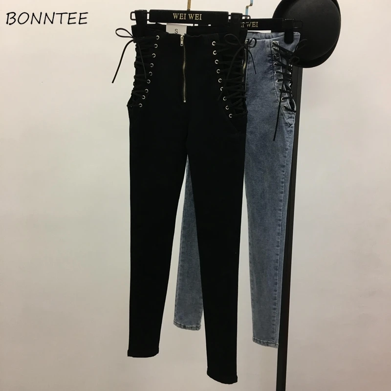 

Jeans Women Side Strap Large Size Solid Simple Womens All-match Skinny Ankle-length Zipper High Elasticity Slim Students Chic