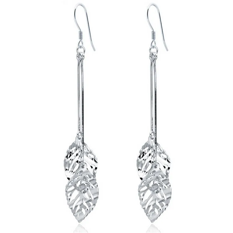 Hollow Leaf Dangling Silver Color Earrings Long Drop Dangle Earring For