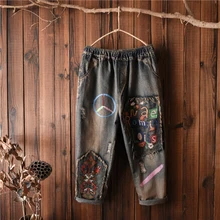 Расклешенные брюки длиной до лодыжки высокая Талия Джинсы женские Инди фолк обычный смягчитель винтажная Вышивка Узор эластичная порванная отбеленная